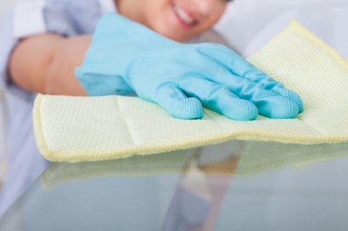 Professional cleaners working safely with PPE and cleaning tools